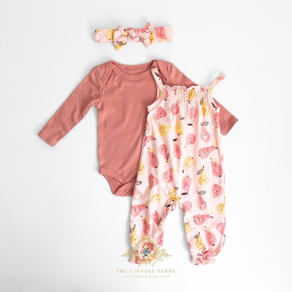 NWT Cute Girls Baby Onesie Dungarees Headband 3 Piece Matching Set Lil Pear 6-9M